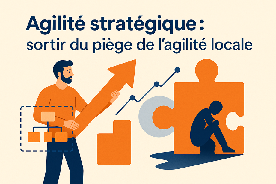 Illustration représentant l’agilité stratégique : un homme tient une flèche ascendante, face à un puzzle symbolisant l’agilité locale enfermée, avec en arrière-plan un graphe de performance et un organigramme.