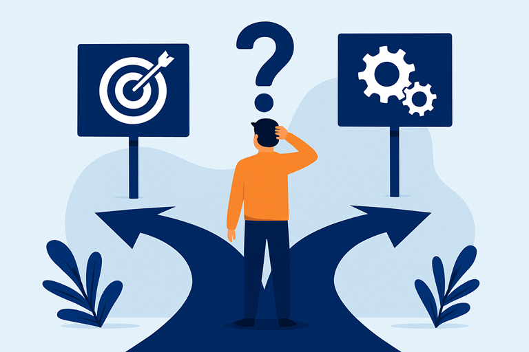 Illustration d’un homme à un carrefour stratégique, hésitant entre deux directions symbolisées par une cible et des engrenages, représentant le dilemme entre pilotage tactique et transformation systémique dans un programme OKR.